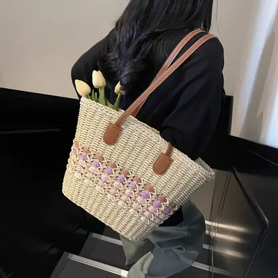 French Style Straw Bag with Embroidered Flowers