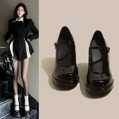 Black French British Thick Heel Mary Jane Shoes for Women