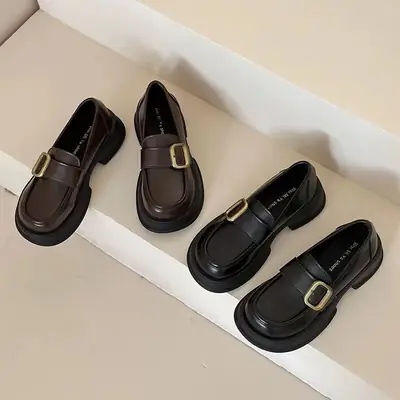 Women's Black Round Toe Leather Loafers with Gold Buckle