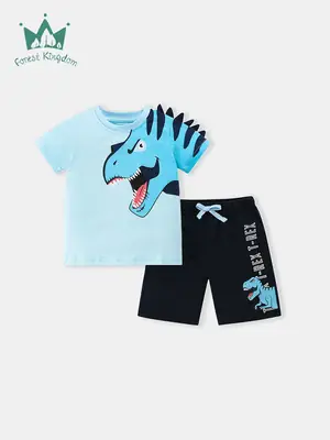 Light Blue Dinosaur Print Boys T-Shirt Pants Suit 2-Piece