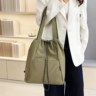 Women's Green Drawstring Bucket Bag Large Capacity Casual Shoulder Bag