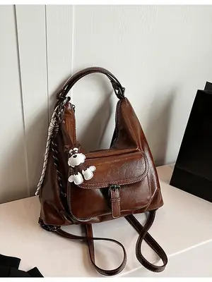 Brown Leather Women's Shoulder Bag with Chain Strap