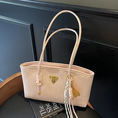 Women's Beige Gold Triangle Handbag with Strap