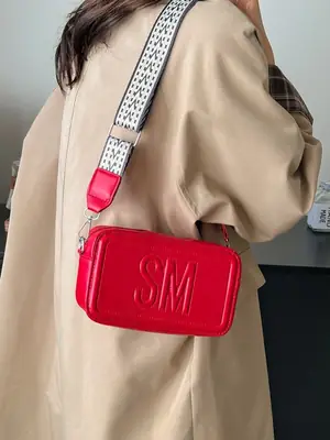 Red Lettered Women's Crossbody Bag with Wide Strap