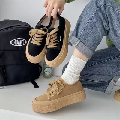 Women's Tan Canvas Chunky Sneakers with Comfortable Sole