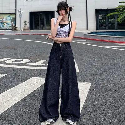 Women Wide-leg Denim Pants Dark Blue 2025
