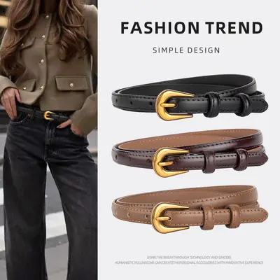 Black Leather Belt with Gold Buckle for Women