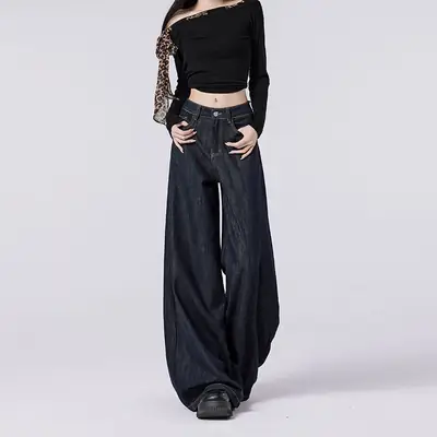 Women's Dark Blue Wide Leg Jeans with High Waist Design