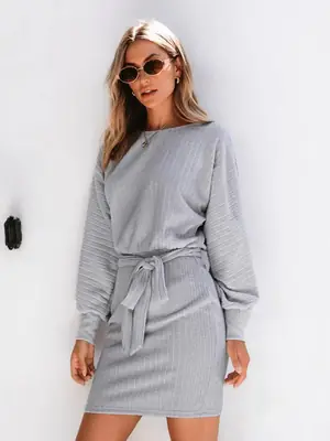 Long Sleeve Ribbed Knit Belt Dress for Women Grey