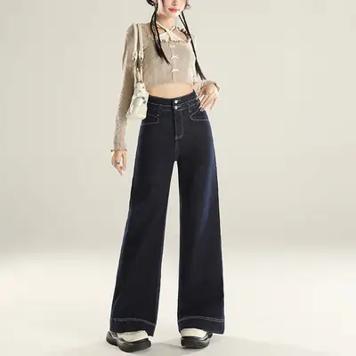 Denim Wide Leg Pants Dark Blue Slim Fit Spring 2025