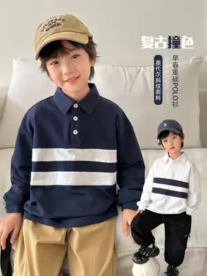 Kids Color-Block Long Sleeve Polo Shirt Blue White Stripes