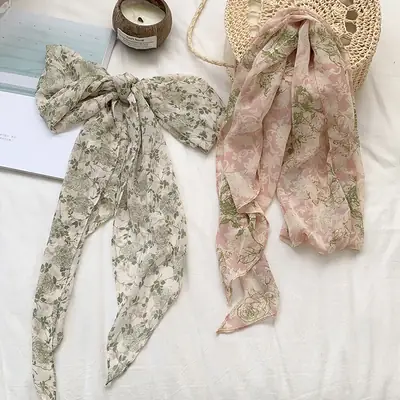 Women's Long Scarf Pink Floral Gauze Spring Summer