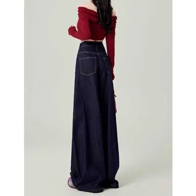 Dark Blue Wide Leg High Waist Mop Pants for Women
