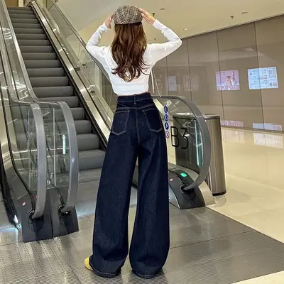 Women Wide Leg Pants Dark Blue High Waist 2025