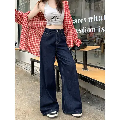Dark Blue Wide Leg Jeans 2025 High Waist Loose Fit