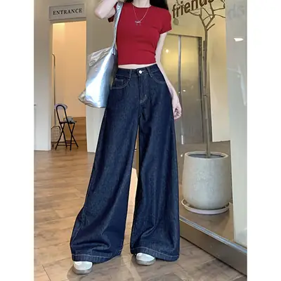 Women Dark Blue Wide Leg Jeans High Waist 2025 Spring