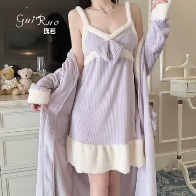 Women Velvet Nightgown with Bow Strap & Faux Fur Sleeves