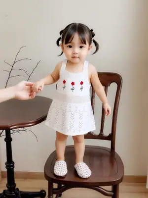 Baby Girl's White Knitted Floral Suspender Dress