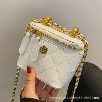 White Quilted Mini Shoulder Bag with Gold Chain
