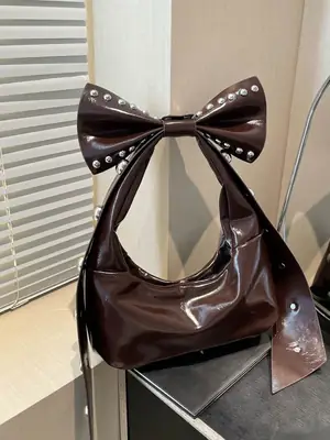 Brown Rivet Bow Shoulder Bag for Women