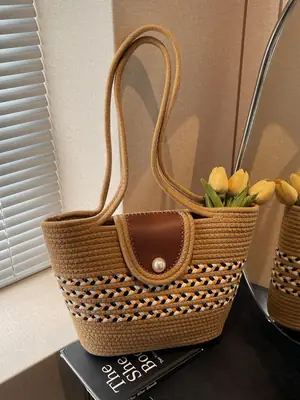 Woven Straw Bag with Pearl Handle for Women