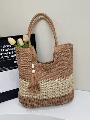 Women Woven Straw Shoulder Bag Large Capacity Summer Beach Tote