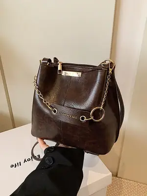 Women's Brown Leather Bucket Bag with Chain Strap