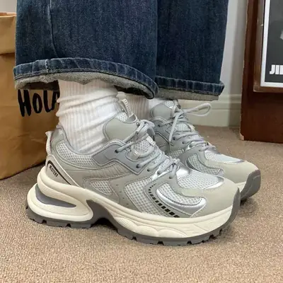 Women's Grey Mesh Running Shoes with Thick Sole