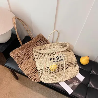 Women's Hollow Straw Woven Tote Bag Paris Print