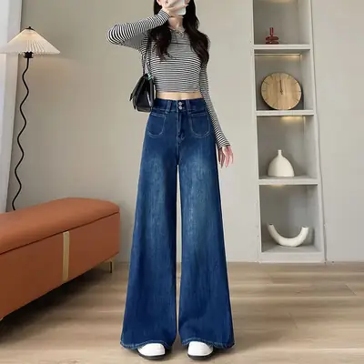 Women Wide Leg Jeans Dark Blue 2025 Design