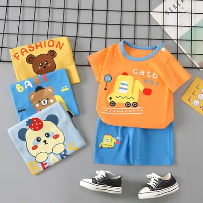 Baby Boys Cotton T-Shirt Shorts Set Pink Yellow Cartoon