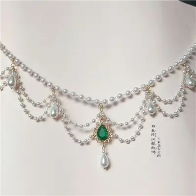 Multi-Layer Antique Pearl Necklace with Blue Crystal Drop