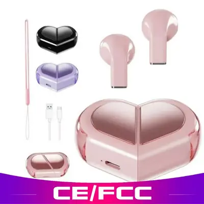 Bluetooth Earphones with Charging Case, Pink Heart Design