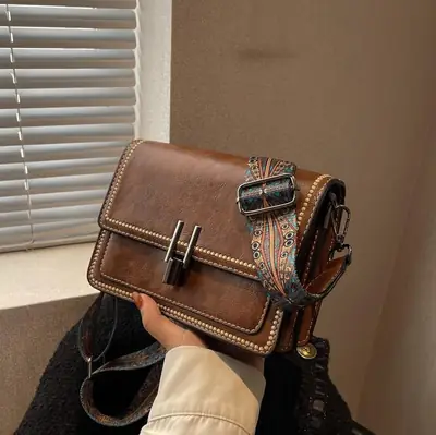 Retro Textured Brown Shoulder Bag with Wide Strap