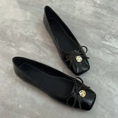 Women's French Style Flat Shoes Brown Black Square Toe Low Mouth