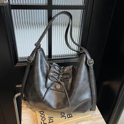 Black Pleated Shoulder Bag with Bow for Women 2026
