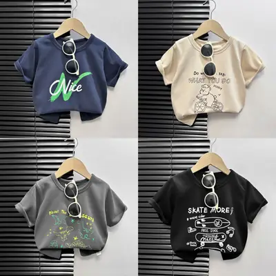 Kids Grey Cartoon T-Shirt Short Sleeve Round Neck