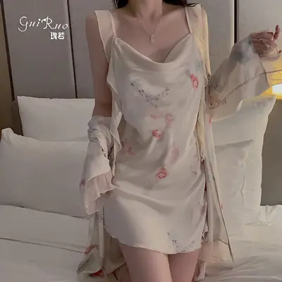 Satin Printed Nightgown with Ribbon Decor