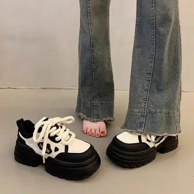 Women's Black White Platform Sneakers Korean Casual