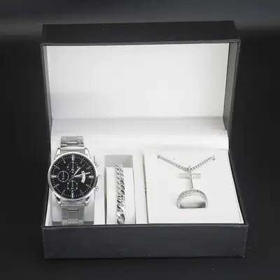 Cross Border Men's Quartz Watch Set with Bracelet & Necklace