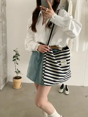 Women Stripe Crossbody Bag Large Capacity Canvas