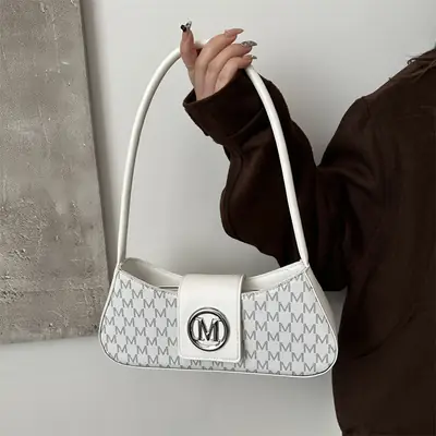 Underarm Bag with Letter Print, White, Large Capacity, Shoulder Style
