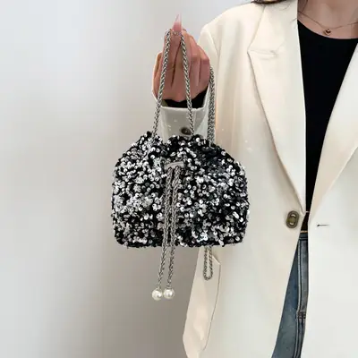 Sequins & Pearl Chain Shoulder Bag Women