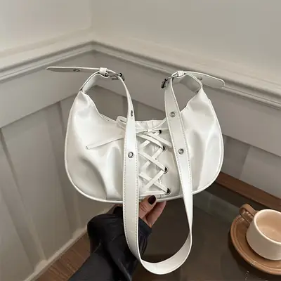 White Pleated Shoulder Bag with Bow Strap for Women