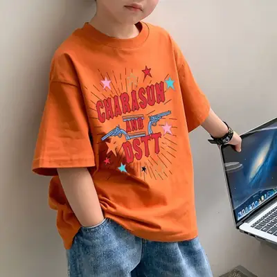 2025 Summer Boys Orange Cotton T-Shirt Short Sleeve Korean Style