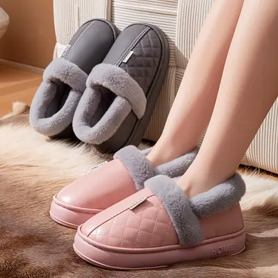 Factory waterproof bag heel PU leather cotton shoes home warm winter non-slip cotton slippers for men and women