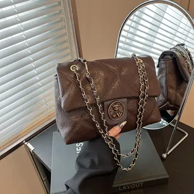 Brown Rhombic Chain Shoulder Bag for Women