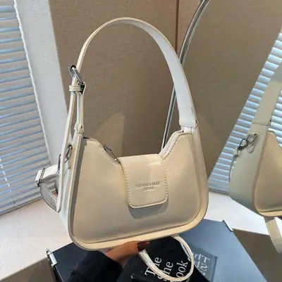 Women's Beige Leather Shoulder Bag with Silver Strap