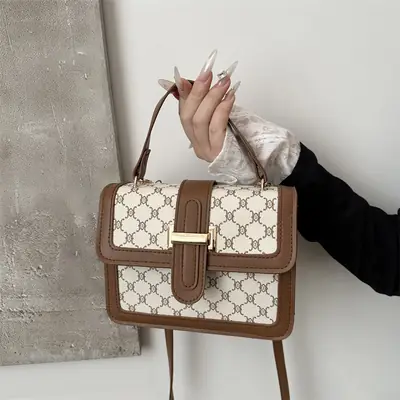 Vintage Stitching Handbag Women's Brown White GG Print Shoulder Crossbody