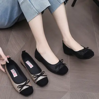 French Style Sequin Flat Women's Shoes with Bow